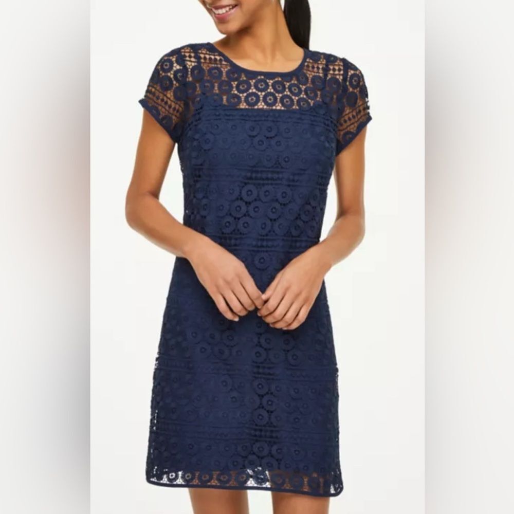 Loft Navy Blue Cap Sleeve Lace Overlay Dress. Size 4.